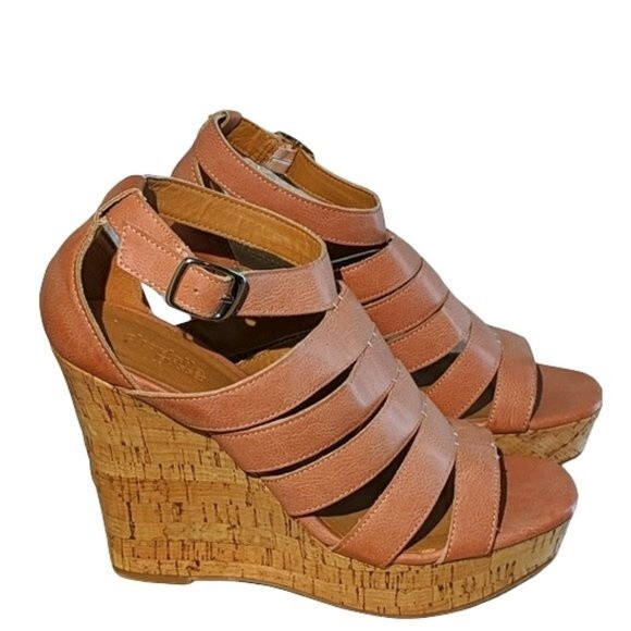 Charlotte Russe Sandals Women Size 9  Platform Cork Wedges Beige Strappy Buckle - Picture 1 of 4